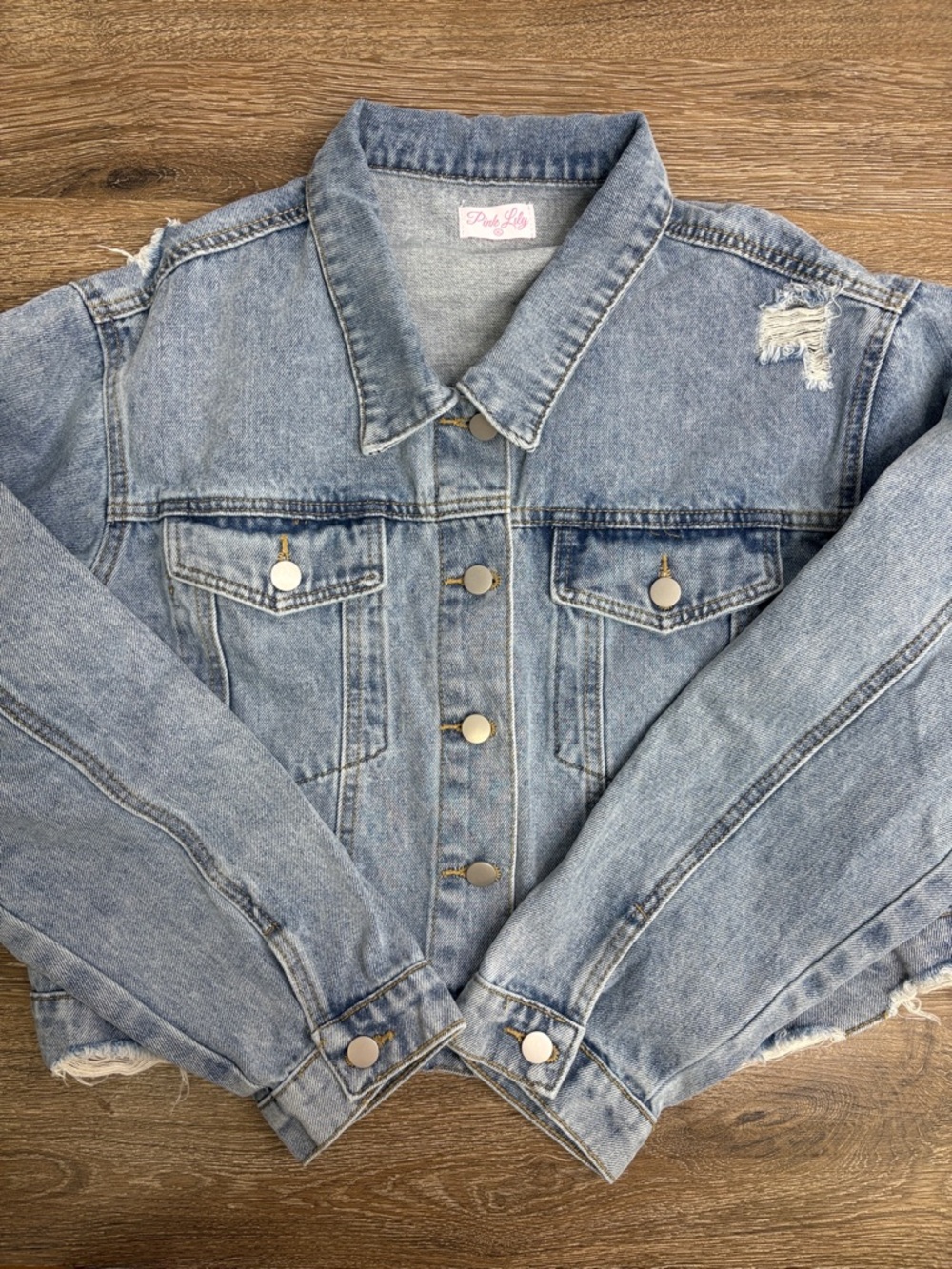 Pink Lily Medium Wash Cropped Distressed Denim Jacket XL